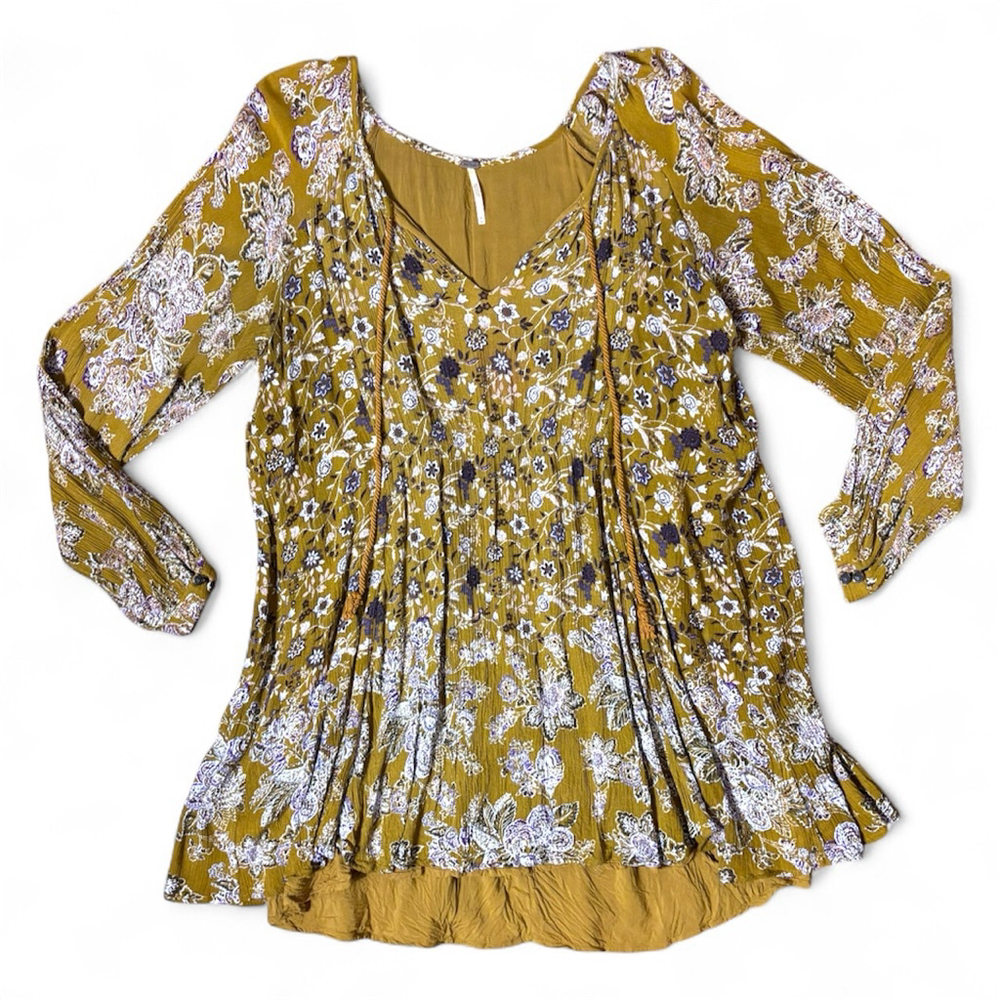 Free People Floral Boho Peasant Tunic Top Size Medium Mustard Yellow